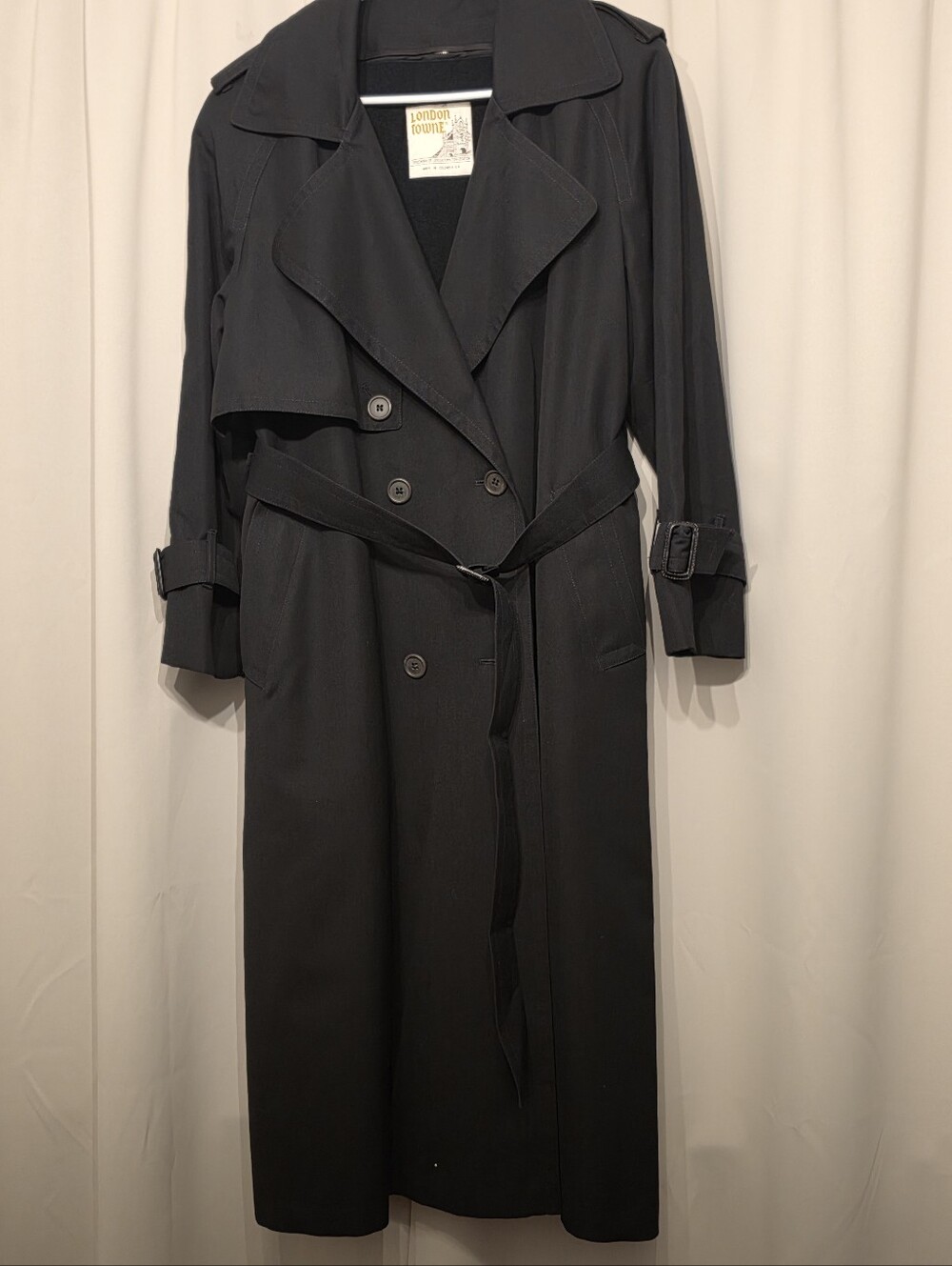 Vintage London Towne Black Double-Breasted Trench Coat Size 8 Petite.